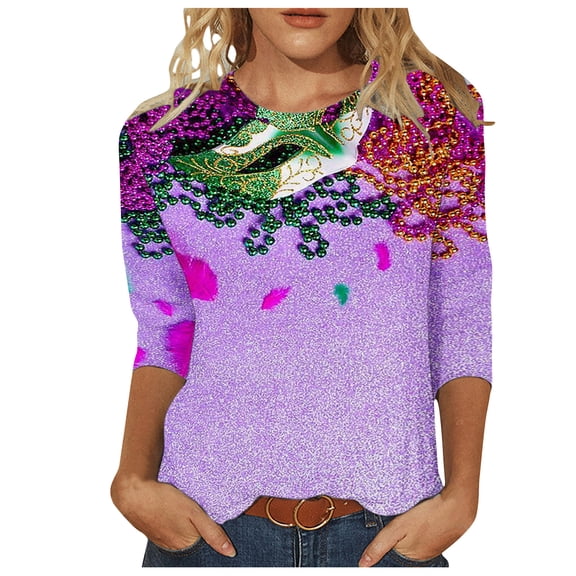 Tbopshirt 3/4 Sleeve Tops for Women,Mardi Gras Clothing,Women Gifts for Hers Casual Shirts Pullover Loose Tunic Tops Print Blouse,Womens Tops