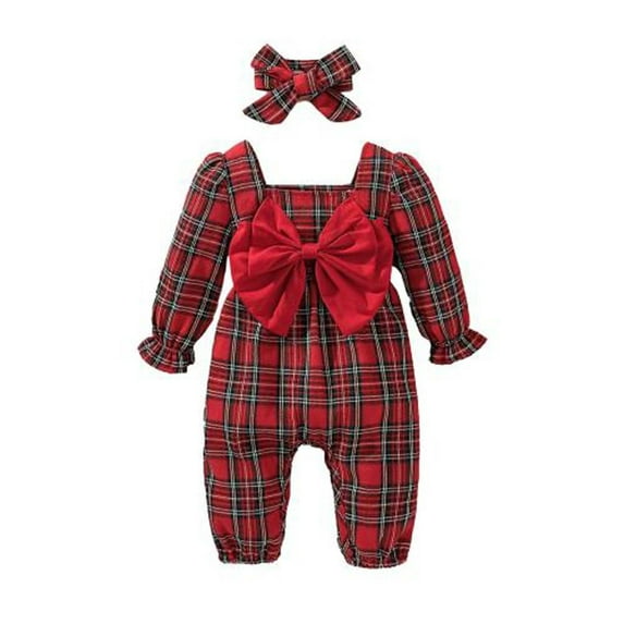 Tbopshirt Baby Girl Clothes,Baby Jumpsuit Romper,Spring Infant Red Plaid Jumpsuit Baby Big Bow Long Sleeve Temperament With Headscarf,Baby Winter Clothes,Baby Girls Bodysuits,Gifts for Toddler Girls
