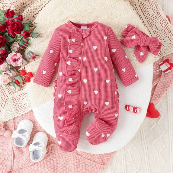 Tbopshirt Baby Girl Romper,Toddler Romper,3-6 Months Heart Print Zippered Long-Sleeved Romper,Baby Clothes