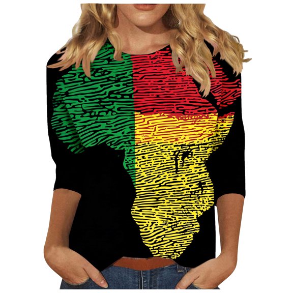 Tbopshirt Black History Womens Tops Plus Size,Summer Graphic Tees Loose Medium Long Sleeve 3/4 Sleeve Black Month Printed Crew-neck T-shirt,S-XXXL,Gifts for Women