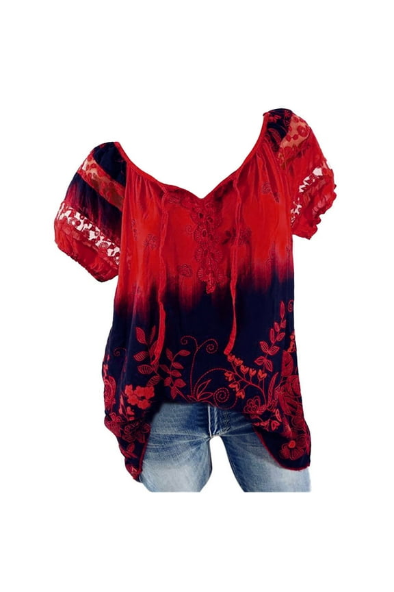 Blouses for Women,Womens Tops Short Sleeve V-Neck Lace Printed Lace Tops Loose T-Shirt Blouse