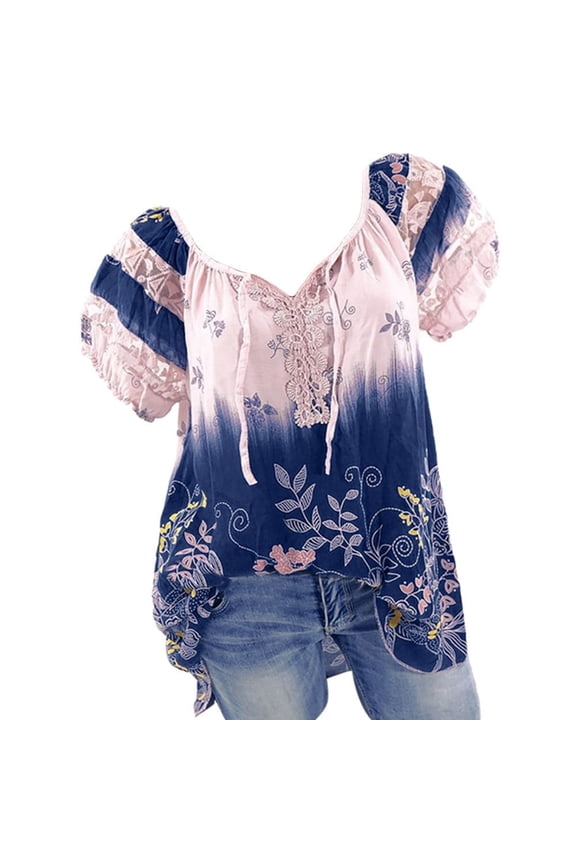 Blouses for Women,Womens Tops Short Sleeve V-Neck Lace Printed Lace Tops Loose T-Shirt Blouse