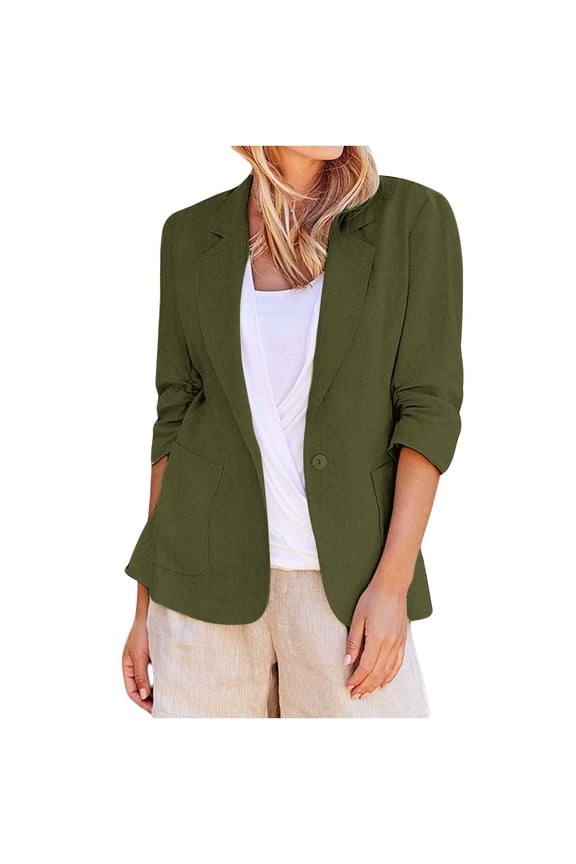 Blouses for Women Dressy Casual Womens Summer Tops Fashion Women Linen Turn Down Collar 3/4 Sleeve Casual Coat with Pocket Cardigan Blouse,Army Green