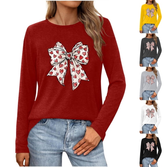 Tbopshirt Blouses for Women Plus Size Long Sleeve Round Neck Casual Valentine's Day Graphic Tops Black,L
