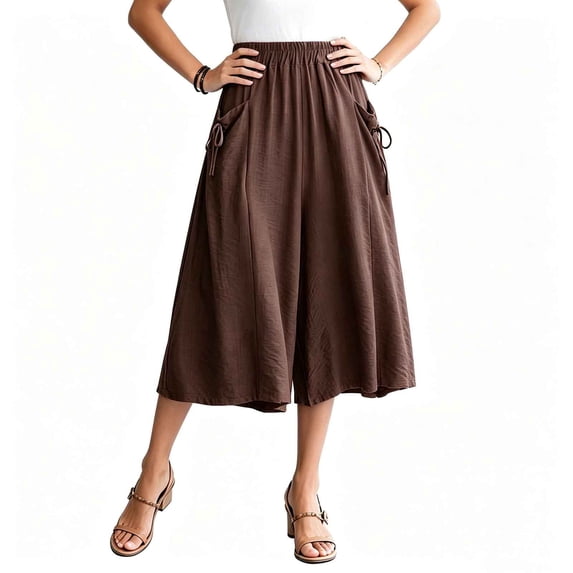 Tbopshirt Capri Pants for Women Plus Size Solid Color Elastic Waist Wide-Leg Skirt Pants Casual Cropped Pants,M-5XL