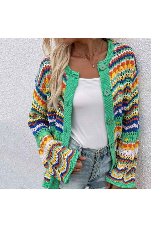 Cardigan for Women,Clearance Woman Fashion Button Stripe Color Matching Long Sleeves Knit Cardigan Loose Crew Neck Tops Blouse Sweater Girls Zip Up Jacket