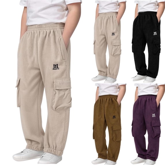 Tbopshirt Cargo Pants for Boys Elastic Waist Cargo Jogger Pants Embroidered Multi Pocket Corduroy Casual Trousers
