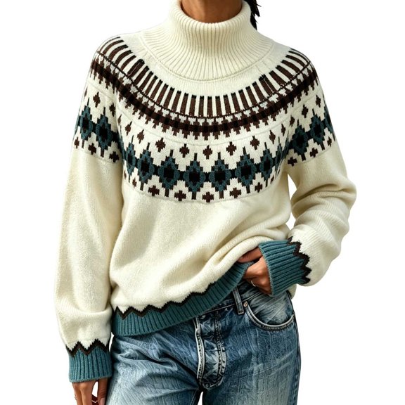 Tbopshirt Christmas Sweaters for Women Turtleneck Fair Isle Pullover Long Sleeve Nordic Geometric Jacquard Loose Knit Top for Fall Winter Holiday Gifts