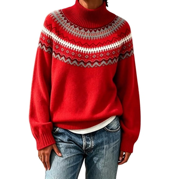 Tbopshirt Christmas Sweaters for Women Turtleneck Fair Isle Pullover Long Sleeve Nordic Geometric Jacquard Loose Knit Top for Fall Winter Holiday Gifts