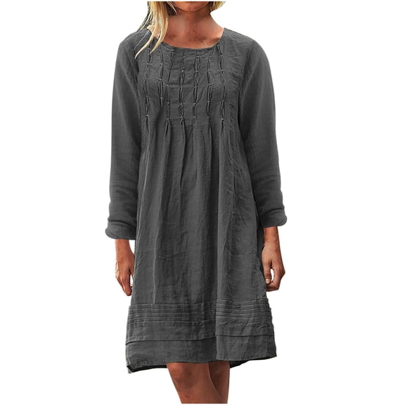 Tbopshirt Dresses for Women Clearance Under $10 Round Neck Long Sleeved Pleated Solid Linen Casual Loose Fitting Linen Dress