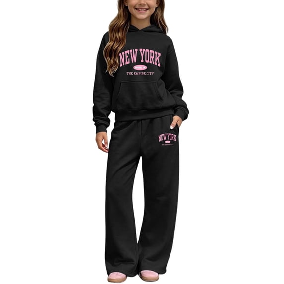 Tbopshirt Girls Hoodie and Pants Set Hooded Long Sleeve Fleece Lined Warm Solid Color Wide Leg Pants Fall Winter Casual Sport Wear 2-Piece Outfit 5-14 Years