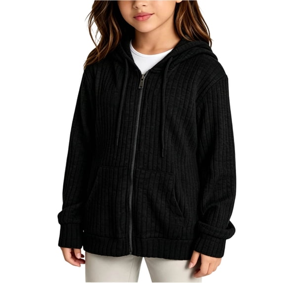 Tbopshirt Girls Hoodies Zip Up Ribbed Knit Drawstring Long Sleeve Casual Jacket with Front Pockets Warm Sweater for School Fall Winter Outwear Age:5-16 Years