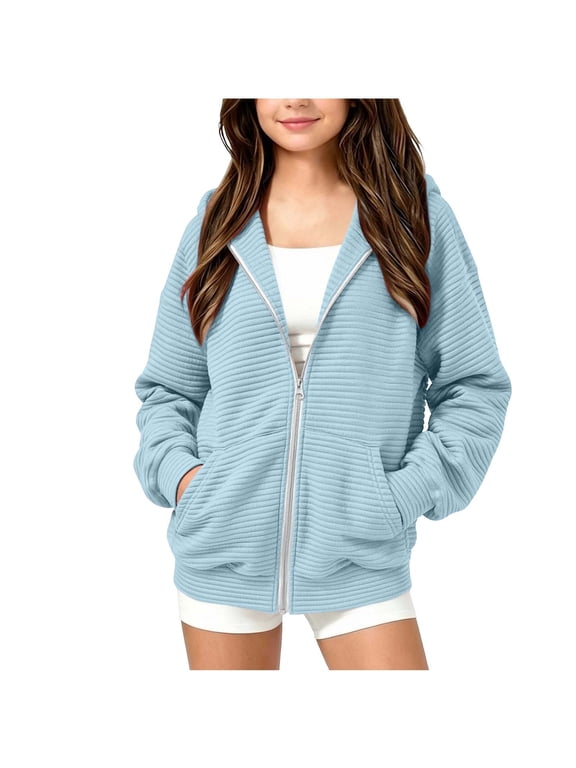 Girls Hoodies Zip Up Long Sleeve Casual Hooded Jacket with Front Pocket for School Fall Outdoor Wear Jackets Tops Age: 5-15 Years