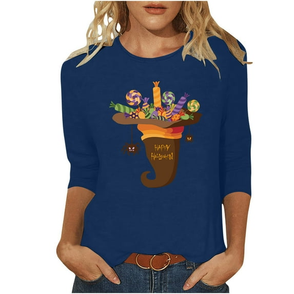 Tbopshirt Halloween Tops for Women Plus Size,Halloween T-shirts Womens,Women's Printed Round Neck Casual 3/4 Sleeve Tops T-shirt,Halloween Gifts