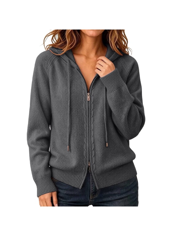 Hooded Sweaters for Women Zip Up Cable Knit Two Way Zipper Cardigan Long Sleeve Raglan Knit Sweater Jacket Fall Winter Fashion Outfits