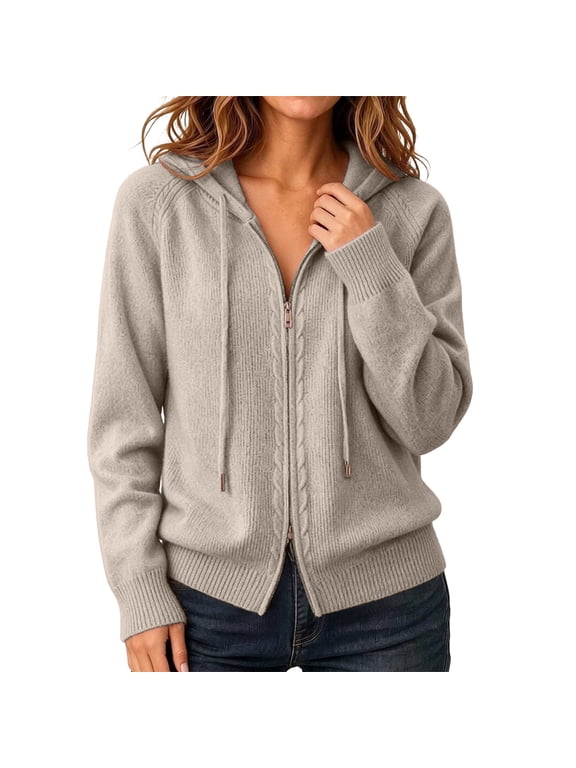 Hooded Sweaters for Women Zip Up Cable Knit Two Way Zipper Cardigan Long Sleeve Raglan Knit Sweater Jacket Fall Winter Fashion Outfits