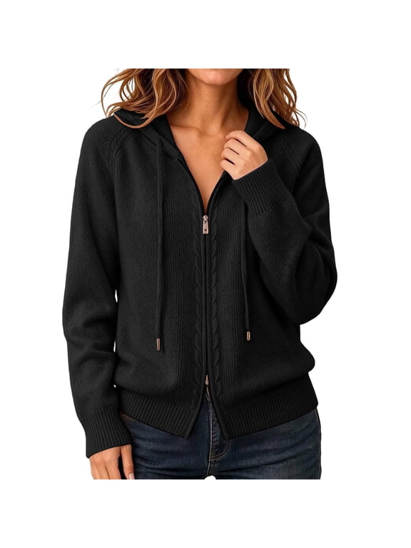Hooded Sweaters for Women Zip Up Cable Knit Two Way Zipper Cardigan Long Sleeve Raglan Knit Sweater Jacket Fall Winter Fashion Outfits