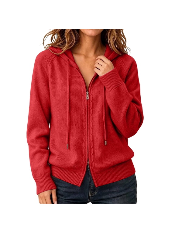 Hooded Sweaters for Women Zip Up Cable Knit Two Way Zipper Cardigan Long Sleeve Raglan Knit Sweater Jacket Fall Winter Fashion Outfits