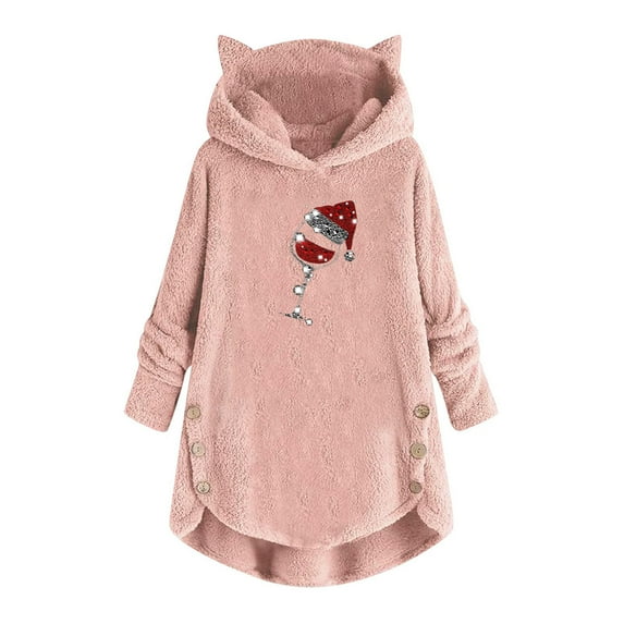 Tbopshirt Hoodies Pullover Hooded Sweatshirts for Women,Plus Size Essential Crewneck Sweatshirts Christmas Plush Hooded Long Sleeve Pullover Print Top