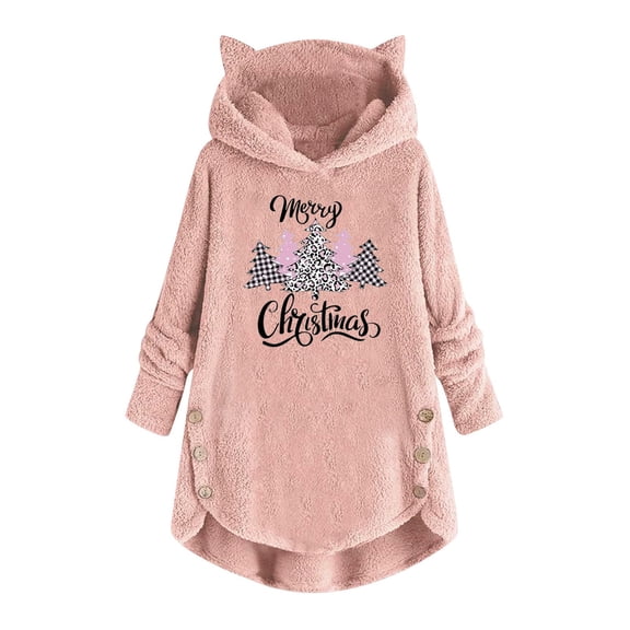 Tbopshirt Hoodies Pullover Hooded Sweatshirts for Women,Plus Size Essential Crewneck Sweatshirts Christmas Plush Hooded Long Sleeve Pullover Print Top