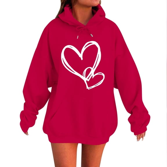Tbopshirt Hoodies for Women Plus Size Oversized Valentine's Day Casual Round Neck Long Sleeve Pullover with Front Pocket and Drawstring Sweatshirt Red,3XL