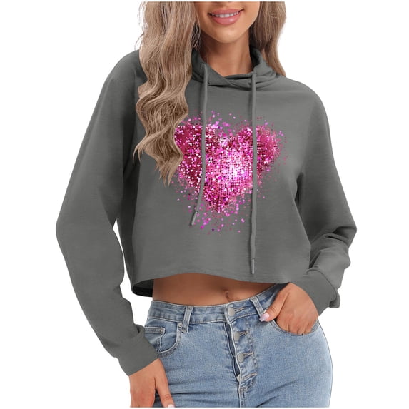 Tbopshirt Hoodies for Women Graphic Valentine's Day Crewneck Long Sleeve Tops Pullover with Drawstring Dark Gray,L