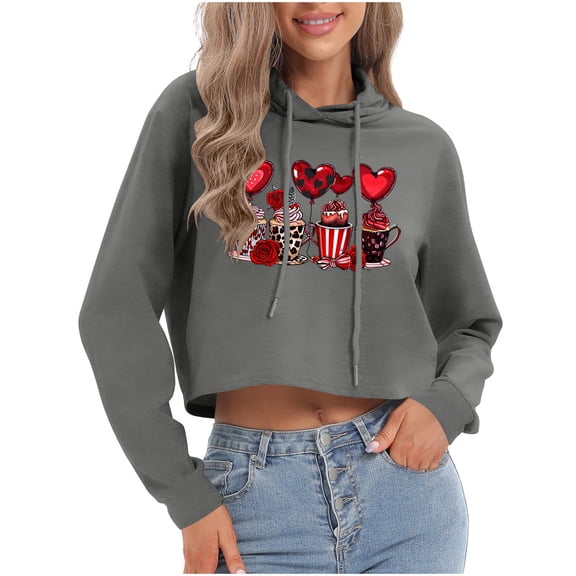 Tbopshirt Hoodies for Women Graphic Valentine's Day Crewneck Long Sleeve Tops Pullover with Drawstring Dark Gray,XL