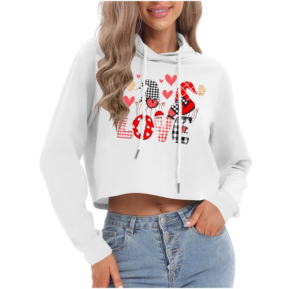 Tbopshirt Hoodies for Women Graphic Valentine's Day Crewneck Long Sleeve Tops Pullover with Drawstring White,XL