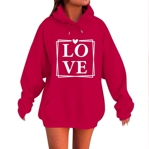 Tbopshirt Hoodies for Women Plus Size Oversized Valentine's Day Casual Round Neck Long Sleeve Pullover with Pockets and Drawstring Sweatshirt Red,S