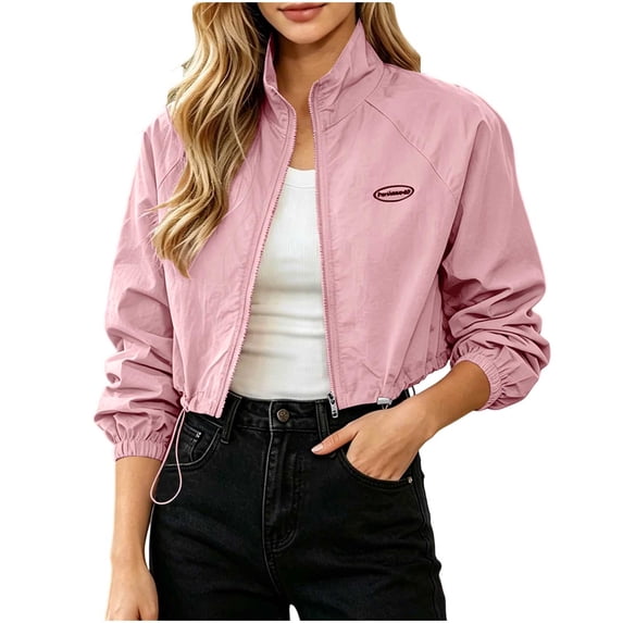 Tbopshirt Jacket for Women Stand Collar Long Sleeve Zip Up Drawstring Hem Loose Casual Solid Color Cropped Jacket for Spring Fall