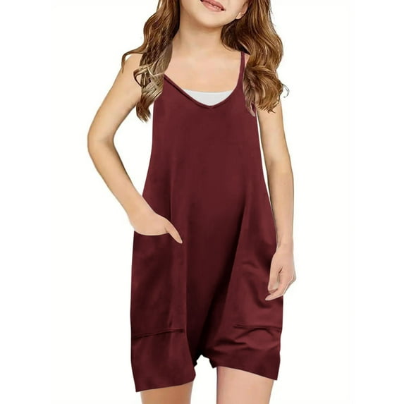 Tbopshirt Jumpsuit for Girls Clothes,Kids Fashion Casual Gifts for Girls,Short Jumpsuit for 5-14Year-Old Girls with Sleeveless Romper Spaghetti Strap with Pockets