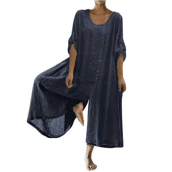 Tbopshirt Jumpsuits for Women Clearance,Plus Size Wide Leg Overalls,Casual Solid Long Sleeve O-Collar Round Neck Buttons Cotton Linen Romper Long Playsuit Zipper Jumpsuit,Womens Jumpsuits Pants