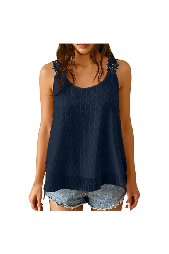 Lace Camisole Tank Tops for Women Summer Boho Chiffon Flowing Sleeveless Casual Round Neck Blouses Beach Vacation,S