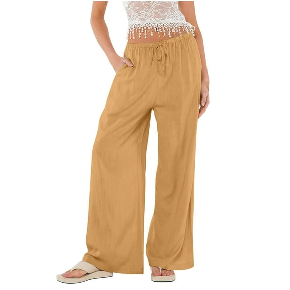 Tbopshirt Linen Pants Women Plus Size,Womens Fashion Casual Pants Gifts for Women,Solid Color Wide-legged Bohemian Wind Beach Pants Drawstring Loose Elastic Waist Pants