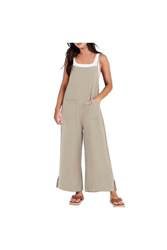 Linen Pants Women Plus Size,Womens Fashion Casual Pants Gifts for Women,Solid Pocket Sleeveless Suspender Jumpsuit