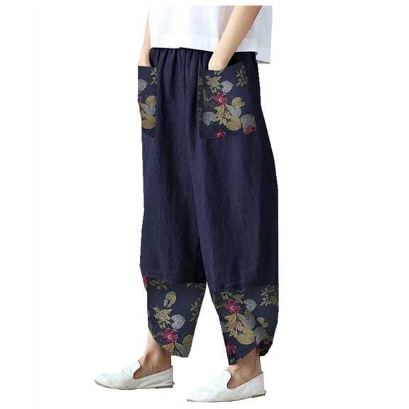 Tbopshirt Linen Pants Women Plus Size,Womens Fashion Casual Pants Gifts for Women,Cotton Linen Print Patchwork Irregular Loose Wide Leg Pants