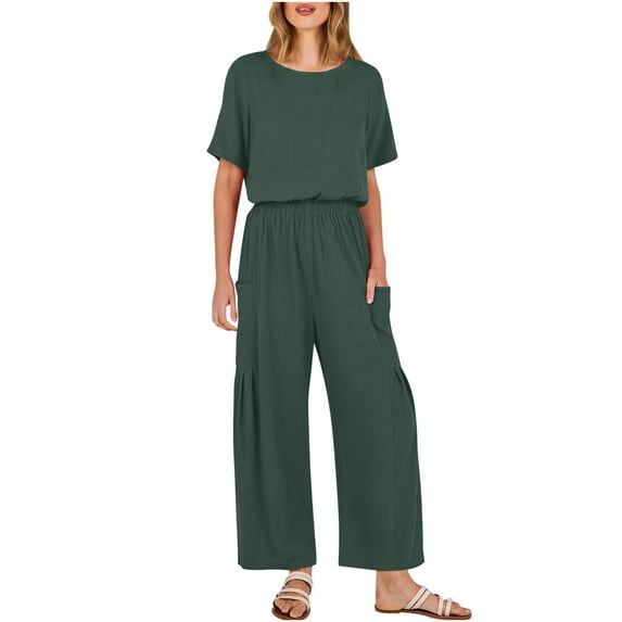 Tbopshirt Linen Pants Women Plus Size,Womens Fashion Casual Pants Gifts for Women,New Solid Color Cotton Linen Jumpsuit with Pockets Short-sleeved Wide-legged Pants