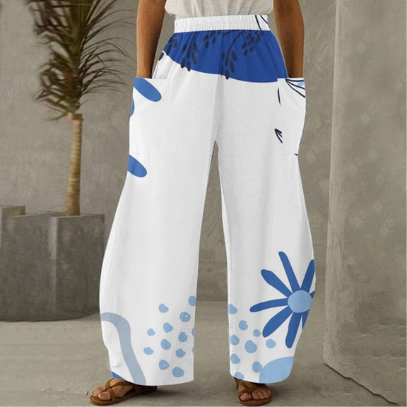 Tbopshirt Linen Pants for Women,Women Casual Printing Pockets Elastic Mid-Waist Comfortable Wide-Legged Loose Pants Cargo Pants Women