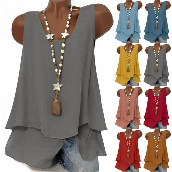 Tbopshirt Linen Womens Tank Tops Summer Loose Flowy Solid Color Round Neck Sleeveless Blouses,2XL
