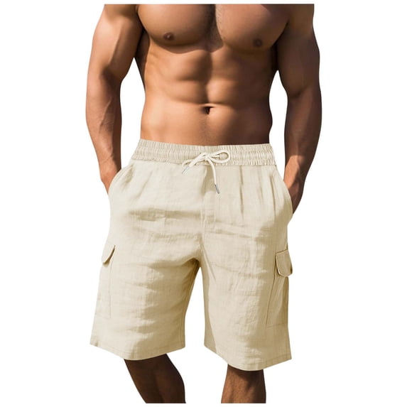 Tbopshirt Men's Linen Cotton Cargo Shorts Elastic Waist Drawstring Solid Color Casual Shorts Breathable Straight Leg 5 Inch Inseam Summer Beach Shorts with Pockets