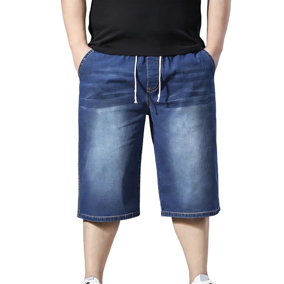 Tbopshirt Mens Denim Capri Pants Jeans for Men Plus Size Summer Denim Elastic Waistband Drawstring Stretch Cropped Pants,XXL-5XL