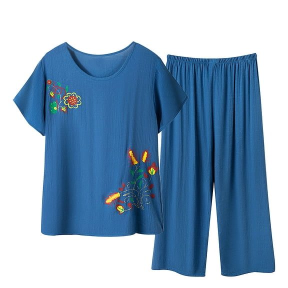 Tbopshirt Pajamas for Women,Women's Summer Two Piece Set Short Sleeve Round Neck Pajama Set Printed Tops Pants Set,Womens Pajama Sets