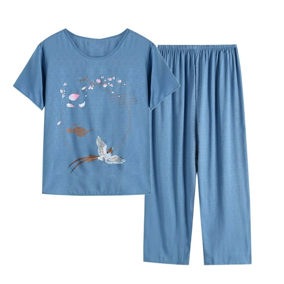 Tbopshirt Pajamas for Women,Women's Summer Two Piece Set Short Sleeve Round Neck Pajama Set Printed Tops Pants Set,Womens Pajama Sets