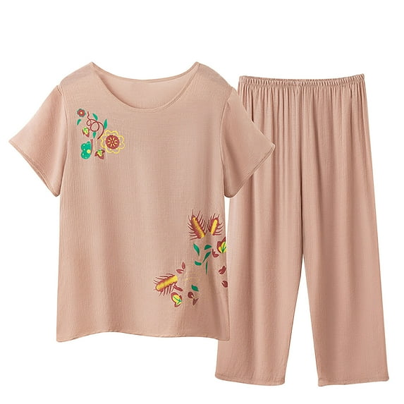 Tbopshirt Pajamas for Women,Women's Summer Two Piece Set Short Sleeve Round Neck Pajama Set Printed Tops Pants Set,Womens Pajama Sets