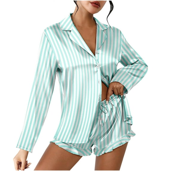 Tbopshirt Pajamas for Women Clearance,Women's Fashion Loose Casual V-Neck Stripe Long Sleeve Tops+Shorts Shirt Pajama Sets,Womens Pajama Sets,Summer Savings Deals