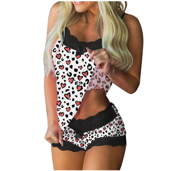Tbopshirt Pajamas for Women,Womens Valentine's Day Printing Lace Sling Sleeveless Tank Tops Splicing Shorts Casual Set,Womens Pajama Sets