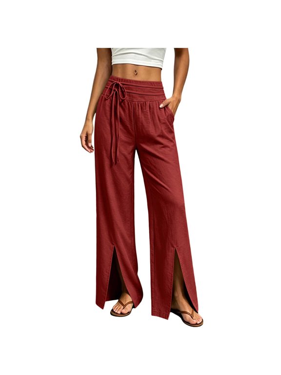 Pants for Women Drawstring Elastic High Waist Split Hem Wide Leg Pants Side Pockets Loose Casual Flow Trousers for Daily Beach Wear,Red,S-XXL
