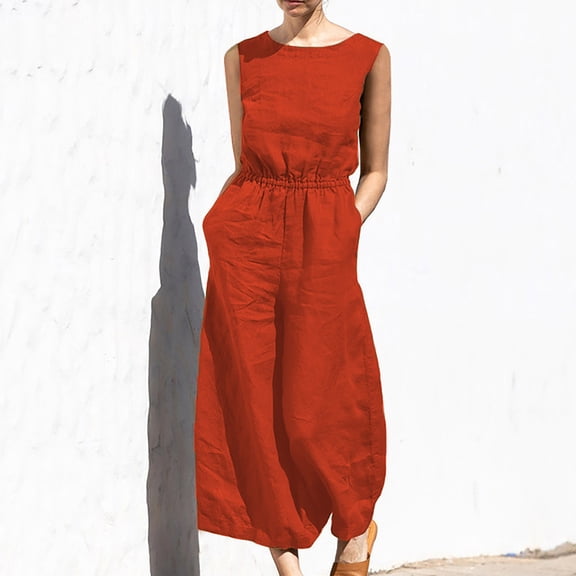 Tbopshirt Pants for Women Plus Size Jumpsuits For Women Sleeveless Pocket Solid Color Loose Straight Pants Fashion Romper Pants Loose Causal Pants