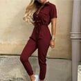 thumbnail image 1 of Tbopshirt Pants for Women Plus Size Women Fashion Solid Color Casual Lapel Belt Short Sleeve Overalls Loose Causal Pants, 1 of 4