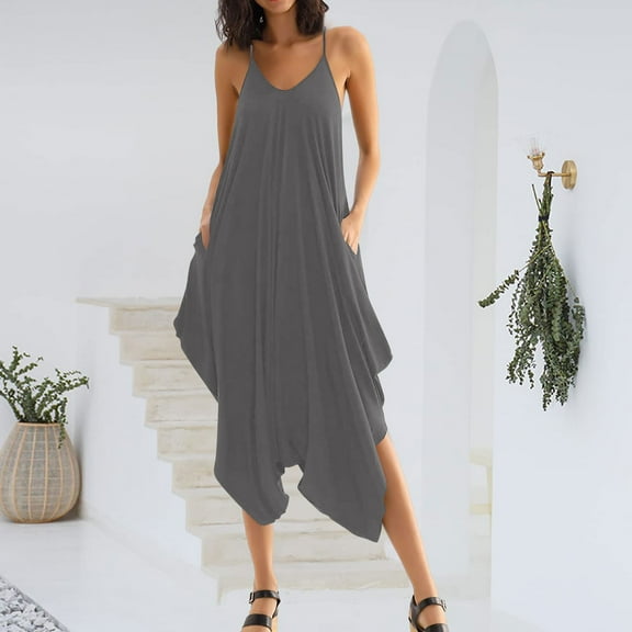 Tbopshirt Pants for Women Plus Size Women's Casual Sleeveless Loose Straps Solid High Waist Wide Leg Jumpsuit Rompers With Pocket Loose Causal Pants